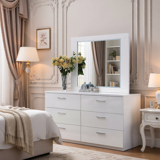 Sunvega Sleek White Nightstand with Chrome Legs and Two Spacious Drawers