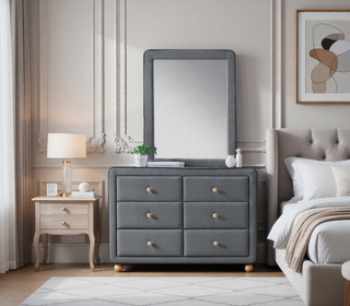 Sunvega Valdemar Brown Fabric and Weathered Gray Finish Queen Size Bed