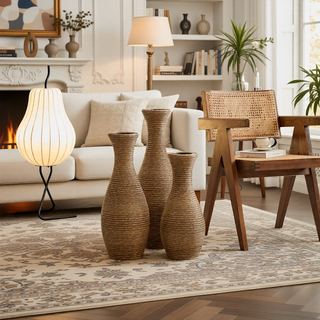 Sunvega Hand-Woven PVC Rattan Vases Set of 3 Brown Farmhouse Floor Decor
