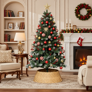 Sunvega Pencil Artificial Xmas Tree with Faux Snow Flocked Full Branch Tips Flame-retardant