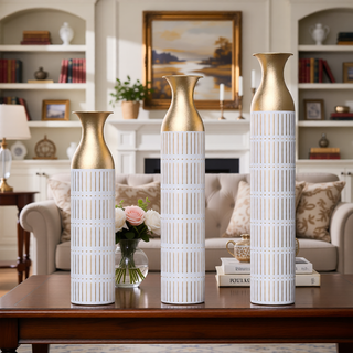Sunvega Gilded White 3D Relief Flower Metal Cylinder Vase Set for Home Décor