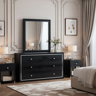 Sunvega Modern Black Nightstand with Two Drawers and Built-In AC USB Outlets