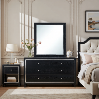 Sunvega Modern Black Nightstand with Two Drawers and Built-In AC USB Outlets