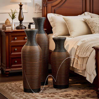 Sunvega Hand-Woven PVC Rattan Vases Set of 3 Brown Farmhouse Floor Decor