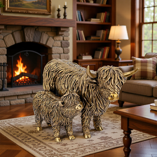 Sunvega Lifelike Highland Cow Statue with Rich Bronze Finish for Tabletop