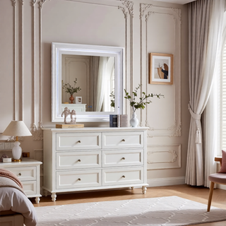 Sunvega Fully Assembled Pearl White Nightstand with Gold Handles and Faux Crystal