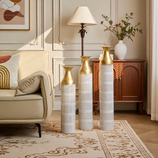 Sunvega Gilded White 3D Relief Flower Metal Cylinder Vase Set for Home Décor