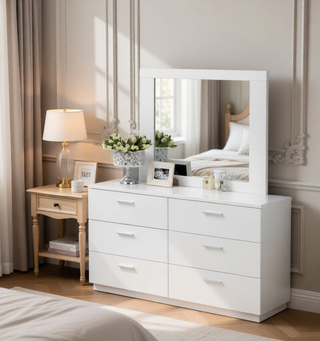 Sunvega Sleek White Nightstand with Chrome Legs and Two Spacious Drawers