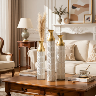 Sunvega Gilded White 3D Relief Flower Metal Cylinder Vase Set for Home Décor
