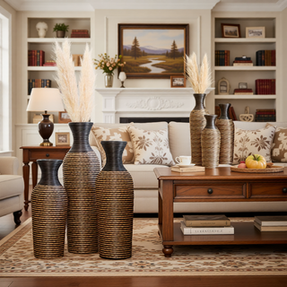Sunvega Hand-Woven PVC Rattan Vases Set of 3 Brown Farmhouse Floor Decor