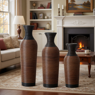 Sunvega Hand-Woven PVC Rattan Vases Set of 3 Brown Farmhouse Floor Decor