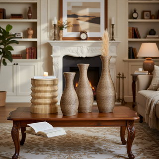 Sunvega Hand-Woven PVC Rattan Vases Set of 3 Brown Farmhouse Floor Decor