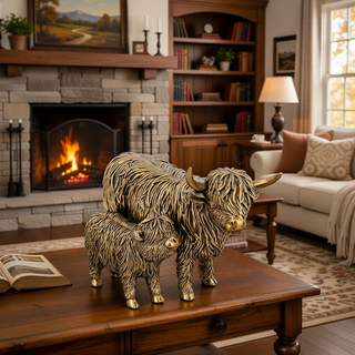 Sunvega Lifelike Highland Cow Statue with Rich Bronze Finish for Tabletop