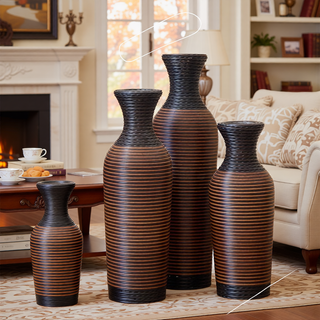 Sunvega Hand-Woven PVC Rattan Vases Set of 3 Brown Farmhouse Floor Decor