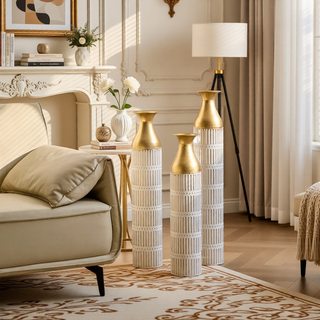 Sunvega Gilded White 3D Relief Flower Metal Cylinder Vase Set for Home Décor