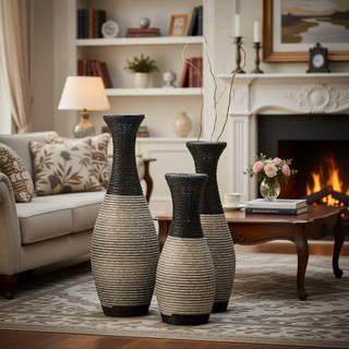 Sunvega Hand-Woven PVC Rattan Vases Set of 3 Brown Farmhouse Floor Decor