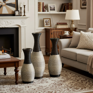 Sunvega Hand-Woven PVC Rattan Vases Set of 3 Brown Farmhouse Floor Decor