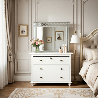 Sunvega Mirrored Nightstand with Geometric Trim and Crystal Knobs for Bedroom