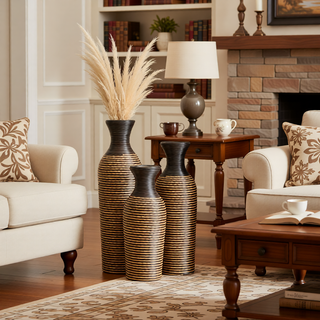 Sunvega Hand-Woven PVC Rattan Vases Set of 3 Brown Farmhouse Floor Decor