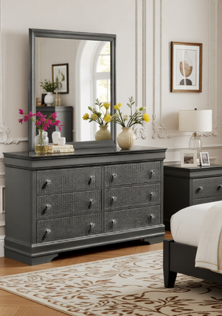 Sunvega Modern Gray Gunmetal Wood Mirror with Smooth Finish for Bedroom