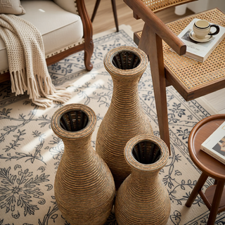 Sunvega Hand-Woven PVC Rattan Vases Set of 3 Brown Farmhouse Floor Decor