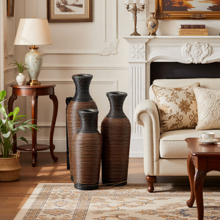 Sunvega Hand-Woven PVC Rattan Vases Set of 3 Brown Farmhouse Floor Decor