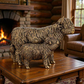 Sunvega Lifelike Highland Cow Statue with Rich Bronze Finish for Tabletop