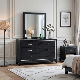 Sunvega Modern Black Nightstand with Two Drawers and Built-In AC USB Outlets