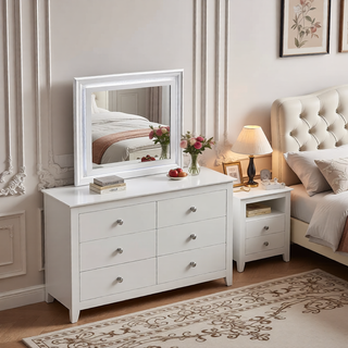 Sunvega Fully Assembled Pearl White Nightstand with Gold Handles and Faux Crystal