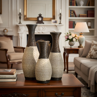 Sunvega Hand-Woven PVC Rattan Vases Set of 3 Brown Farmhouse Floor Decor