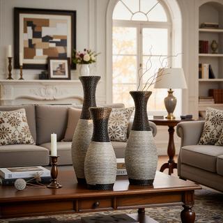 Sunvega Hand-Woven PVC Rattan Vases Set of 3 Brown Farmhouse Floor Decor