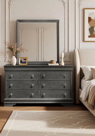 Sunvega Modern Gray Gunmetal Wood Mirror with Smooth Finish for Bedroom