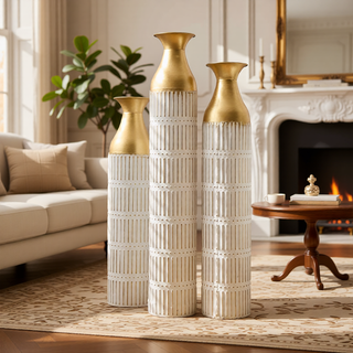 Sunvega Gilded White 3D Relief Flower Metal Cylinder Vase Set for Home Décor