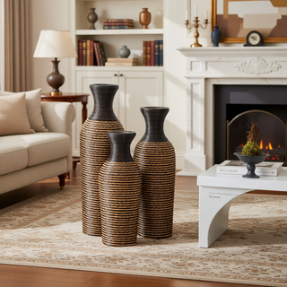 Sunvega Hand-Woven PVC Rattan Vases Set of 3 Brown Farmhouse Floor Decor