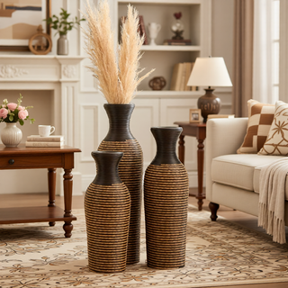 Sunvega Hand-Woven PVC Rattan Vases Set of 3 Brown Farmhouse Floor Decor