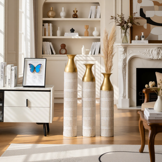 Sunvega Gilded White 3D Relief Flower Metal Cylinder Vase Set for Home Décor