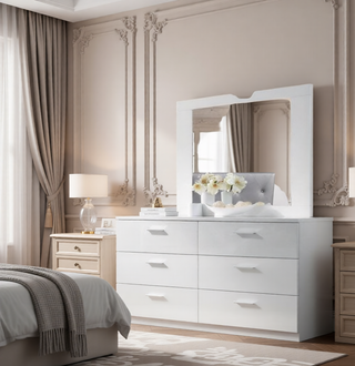 Sunvega Sleek White Nightstand with Chrome Legs and Two Spacious Drawers