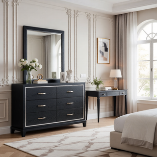 Sunvega Modern Black Nightstand with Two Drawers and Built-In AC USB Outlets