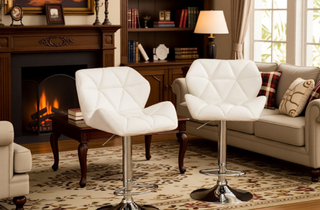 Sunvega Blue PU Leather Diamond-Tufted Swiveling Adjustable Height Bar Stools Set of 2