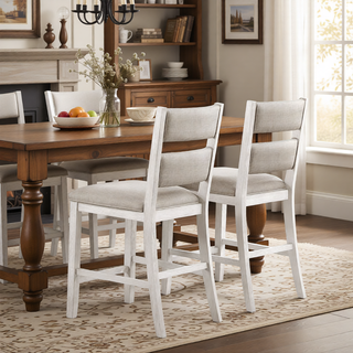 Sunvega Modern Farmhouse Counter Height Dining Bench with Antique White Finish and Upholstered Seat