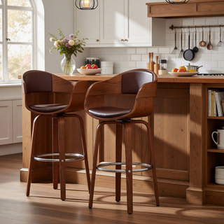 Sunvega Mid-Century Modern Swivel Barstool with Faux Leather Upholstery and Walnut Frame