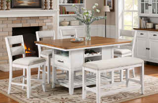 Sunvega Transitional White Finish Upholstered Counter-Height Dining Bench with Linen Look Fabric