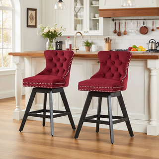 Sunvega Swivel Velvet Barstools with Button Tufted Back and Chrome Nailhead Trim