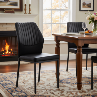 Sunvega High Resilience PU Dining Chair Set of 4 with Silver Metal Legs and Vertical Stripe Back