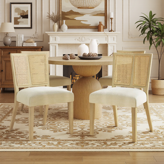 Sunvega Mid-Century Modern Rattan Dining Chairs with Upholstered Seats Set of 2