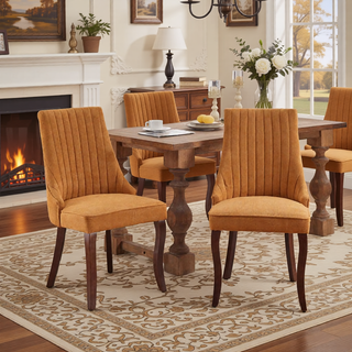 Sunvega Blue Rayon Cloth Flocking Linen Dining Chairs with High Backrest and Solid Wood Legs, Set of 2