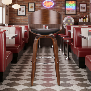 Sunvega Mid-Century Modern Swivel Barstool with Faux Leather Upholstery and Walnut Frame