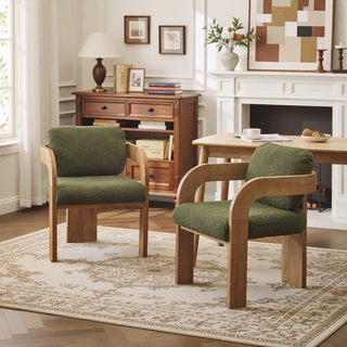 Sunvega Dining Chairs with Pillow Back, Natural Rubber Wood Frame and Beige Fabric, 2-Pack