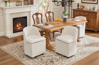Sunvega Chenille Fabric Dining Arm Chair with Upholstered Back Cushion and Universal Wheels