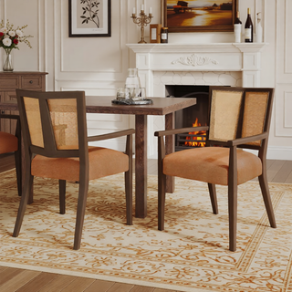 Sunvega Mid-Century Modern Cane Back Arm Dining Chairs with Upholstered Seat Set of 2